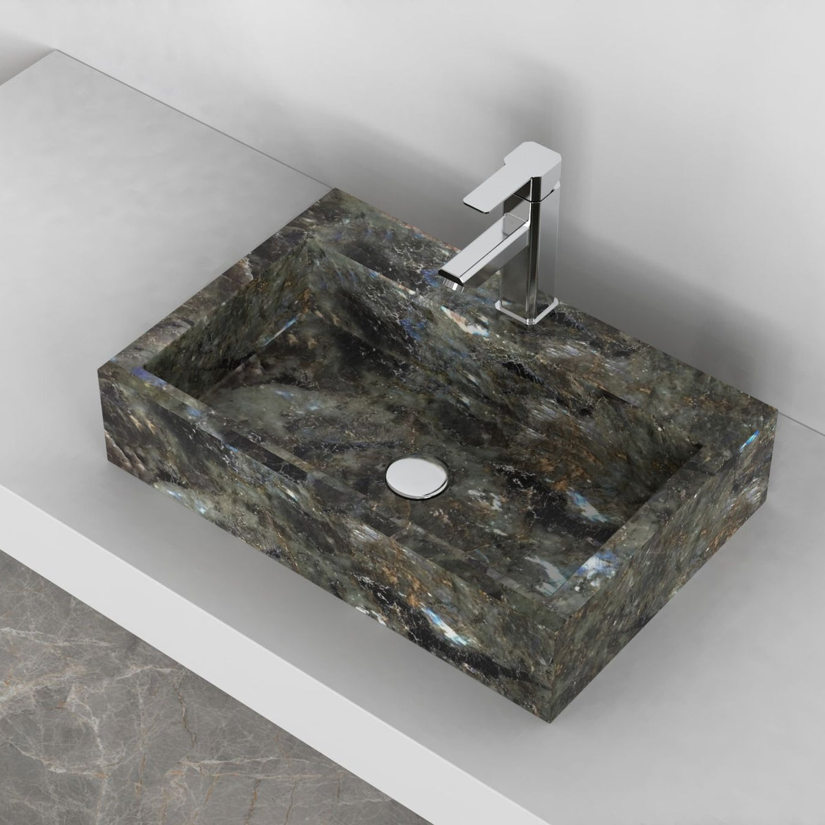 Shafna Celestia Blue Quartzite Vessel Sink, interior, rim and material detail