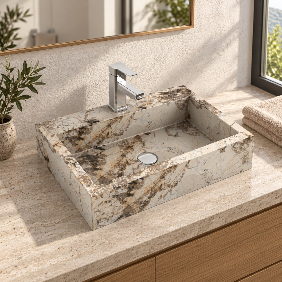Shafna Pandora Blanc Quartzite Vessel Sink — three-quarter bathroom lifestyle