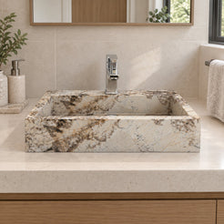 Shafna Pandora Blanc Quartzite Vessel Sink — low frontal bathroom lifestyle