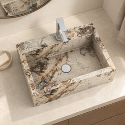 Shafna Pandora Blanc Quartzite Vessel Sink — overhead bathroom lifestyle