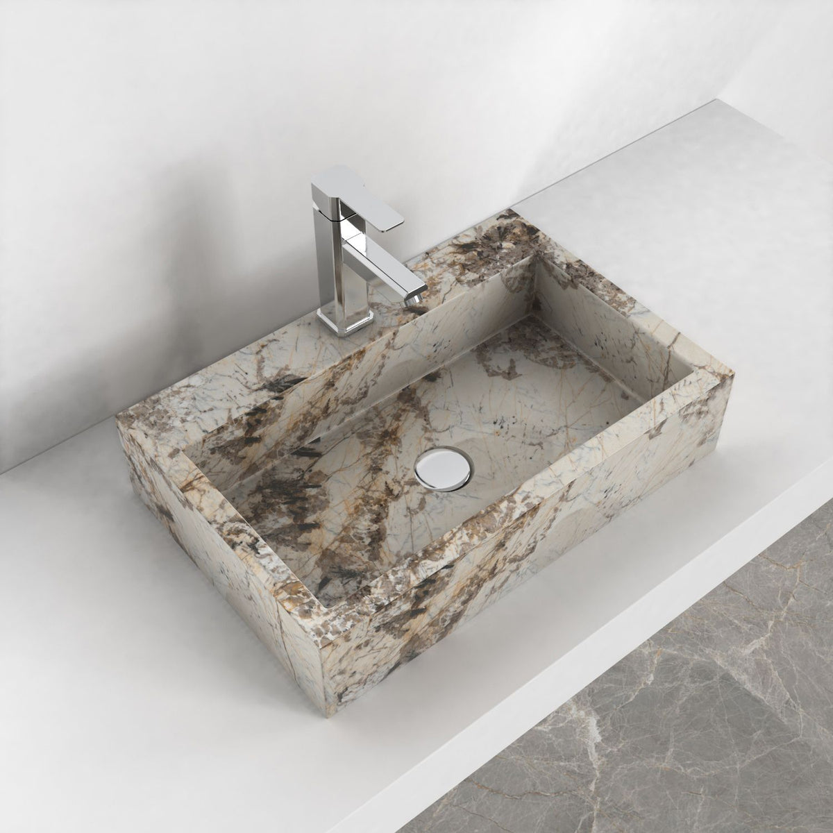 Shafna Pandora Blanc Quartzite Vessel Sink, interior, rim and material detail