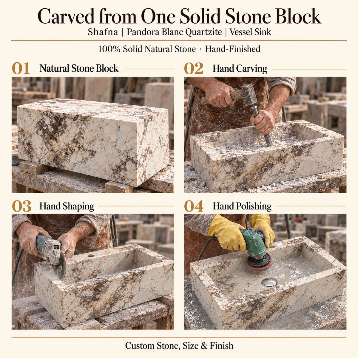 Shafna Pandora Blanc Quartzite Vessel Sink carved from one solid stone block, showing manual hammer-and-chisel carving, hand shaping and hand polishing; custom stone, size and finish.