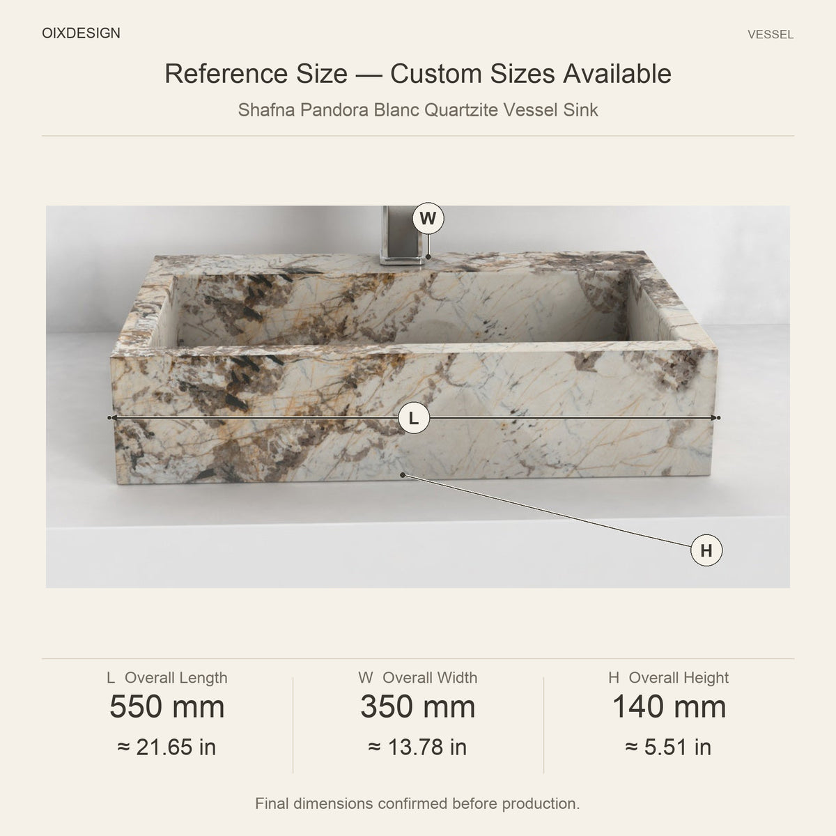 Shafna Pandora Blanc Quartzite Vessel Sink reference overall dimensions in millimeters and inches
