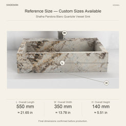 Shafna Pandora Blanc Quartzite Vessel Sink reference overall dimensions in millimeters and inches
