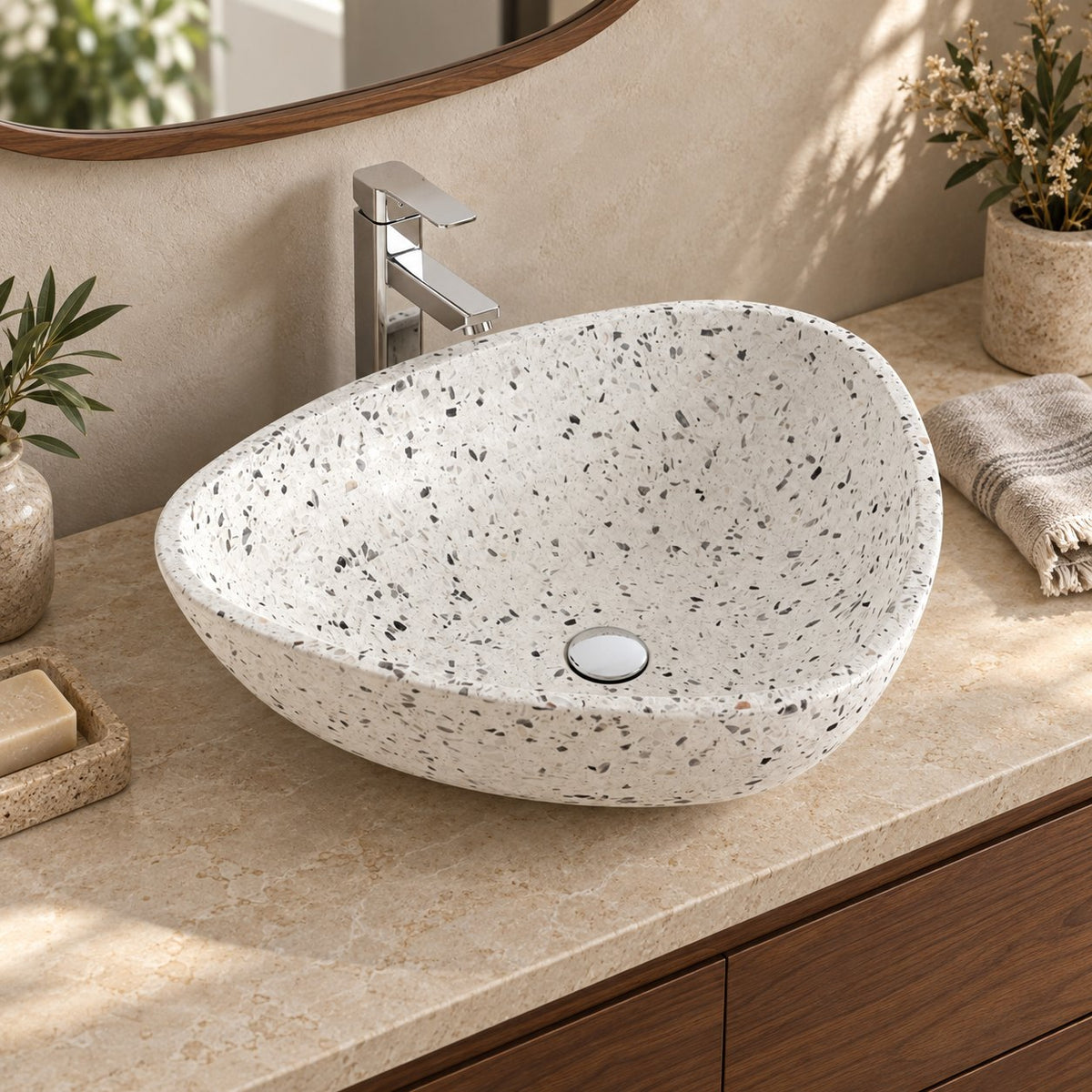 Shahana White Terrazzo Vessel Sink — three-quarter bathroom lifestyle