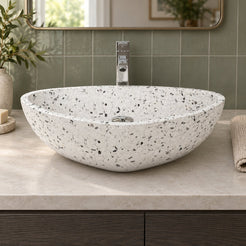 Shahana White Terrazzo Vessel Sink — low frontal bathroom lifestyle