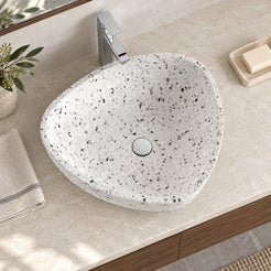 Shahana White Terrazzo Vessel Sink — overhead bathroom lifestyle