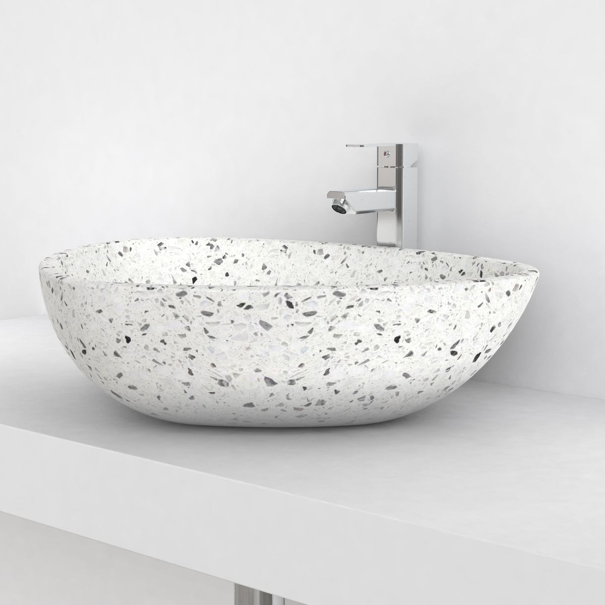 Shahana White Terrazzo Vessel Sink, second countertop view showing the rim and bowl