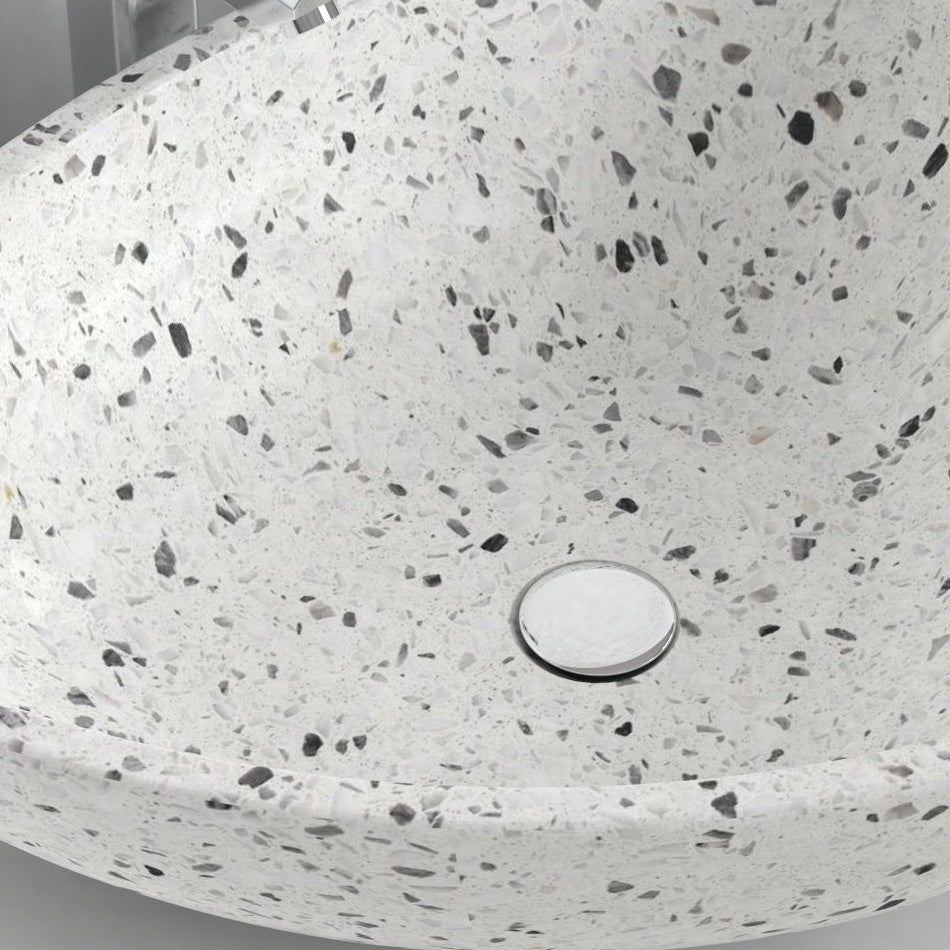 Shahana White Terrazzo Vessel Sink, interior, material and drain area detail