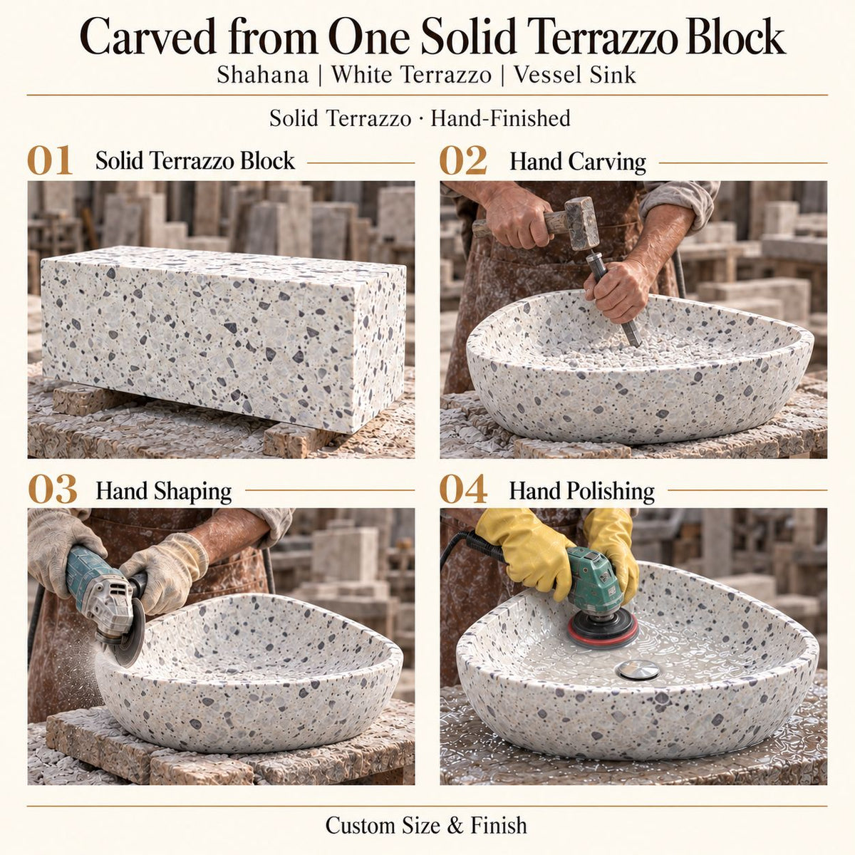 Shahana White Terrazzo Vessel Sink carved from one solid terrazzo block, with hand carving, hand shaping and hand polishing; custom size and finish.