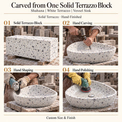Shahana White Terrazzo Vessel Sink carved from one solid terrazzo block, with hand carving, hand shaping and hand polishing; custom size and finish.