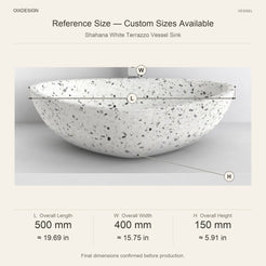 Shahana White Terrazzo Vessel Sink reference overall dimensions in millimeters and inches