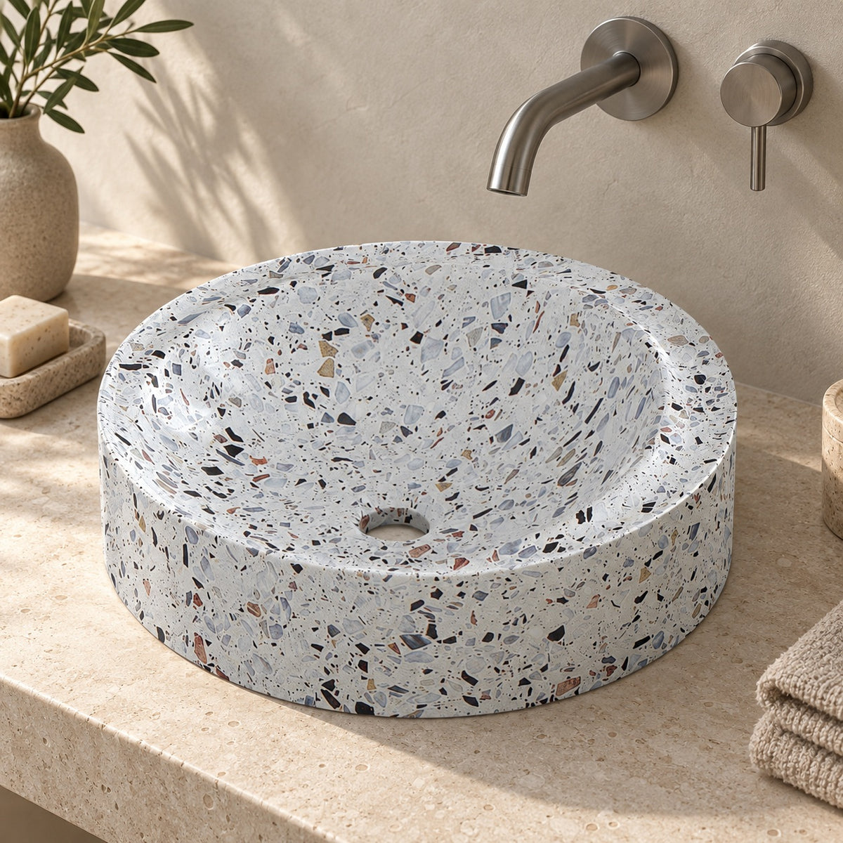 Shahrin Sky Terrazzo Vessel Sink, countertop hero lifestyle view
