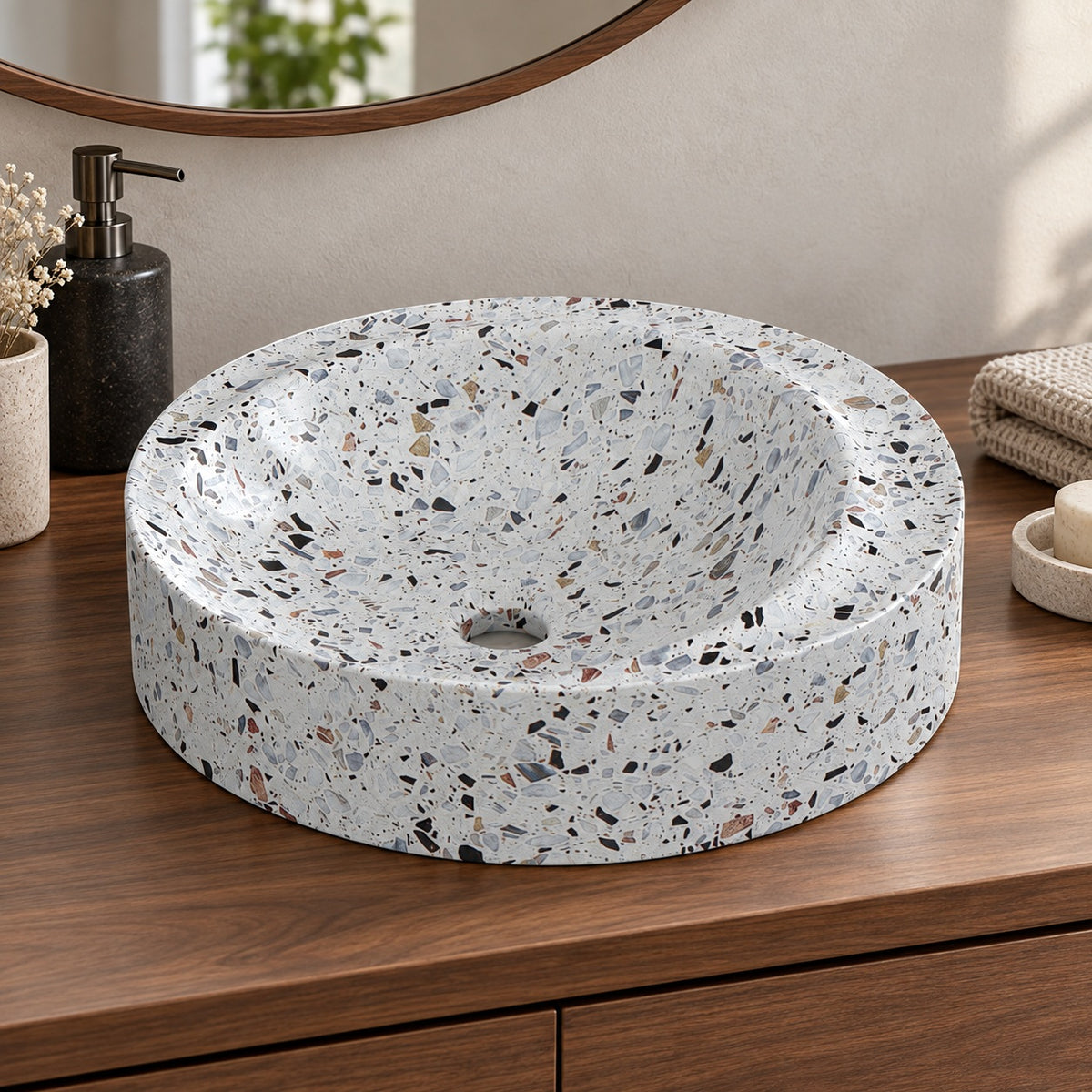 Shahrin Sky Terrazzo Vessel Sink, second countertop lifestyle setting