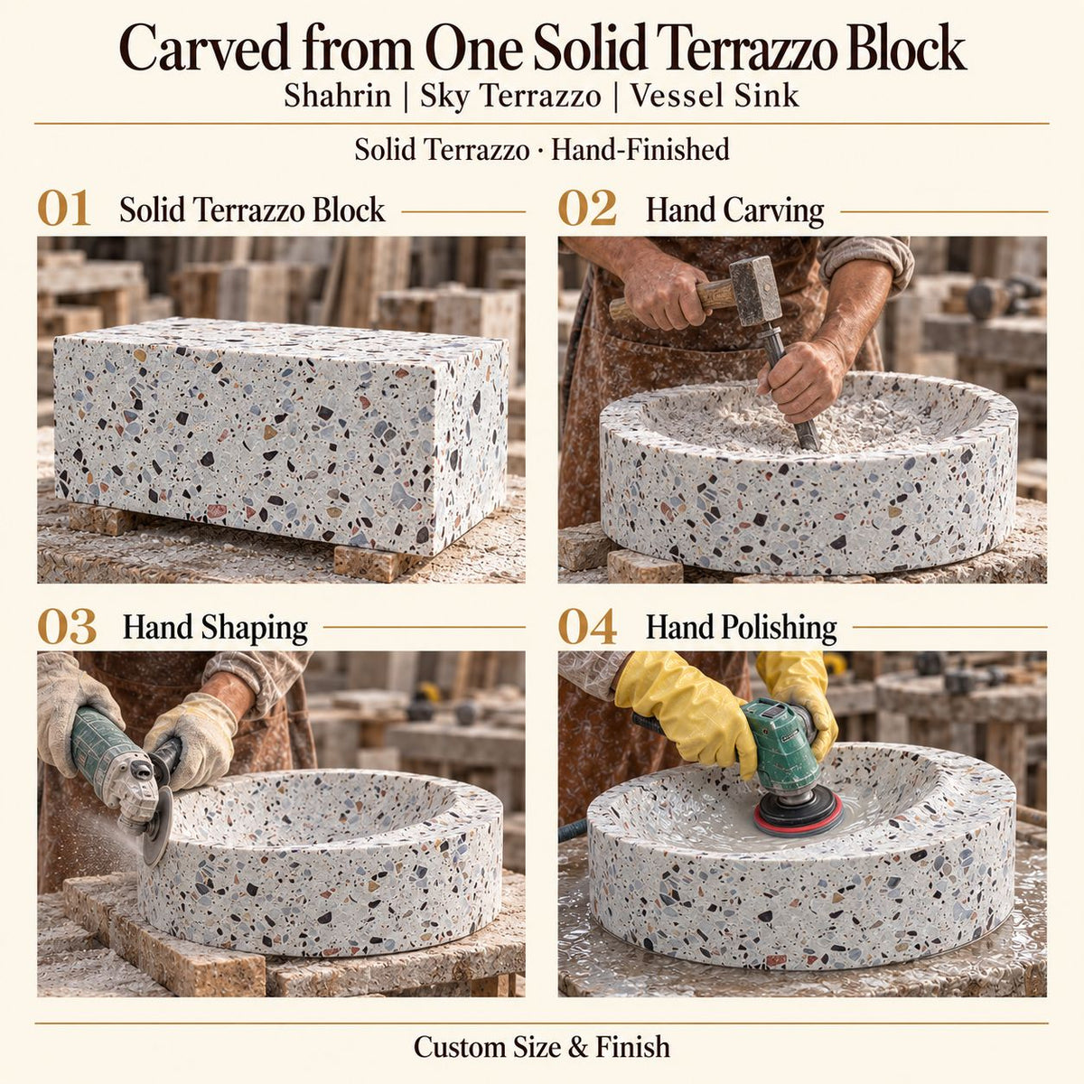 Shahrin Sky Terrazzo Vessel Sink carved from one solid terrazzo block, with hand carving, hand shaping and hand polishing; custom size and finish.