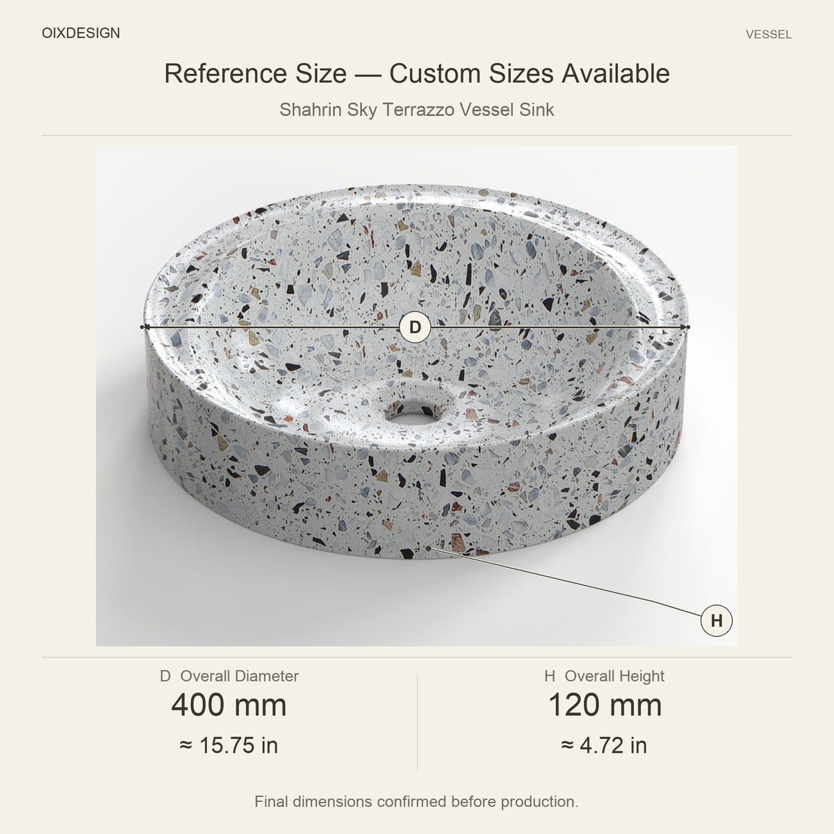 Shahrin Sky Terrazzo Vessel Sink reference overall dimensions in millimeters and inches
