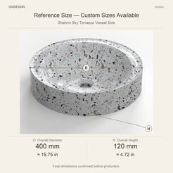 Shahrin Sky Terrazzo Vessel Sink reference overall dimensions in millimeters and inches