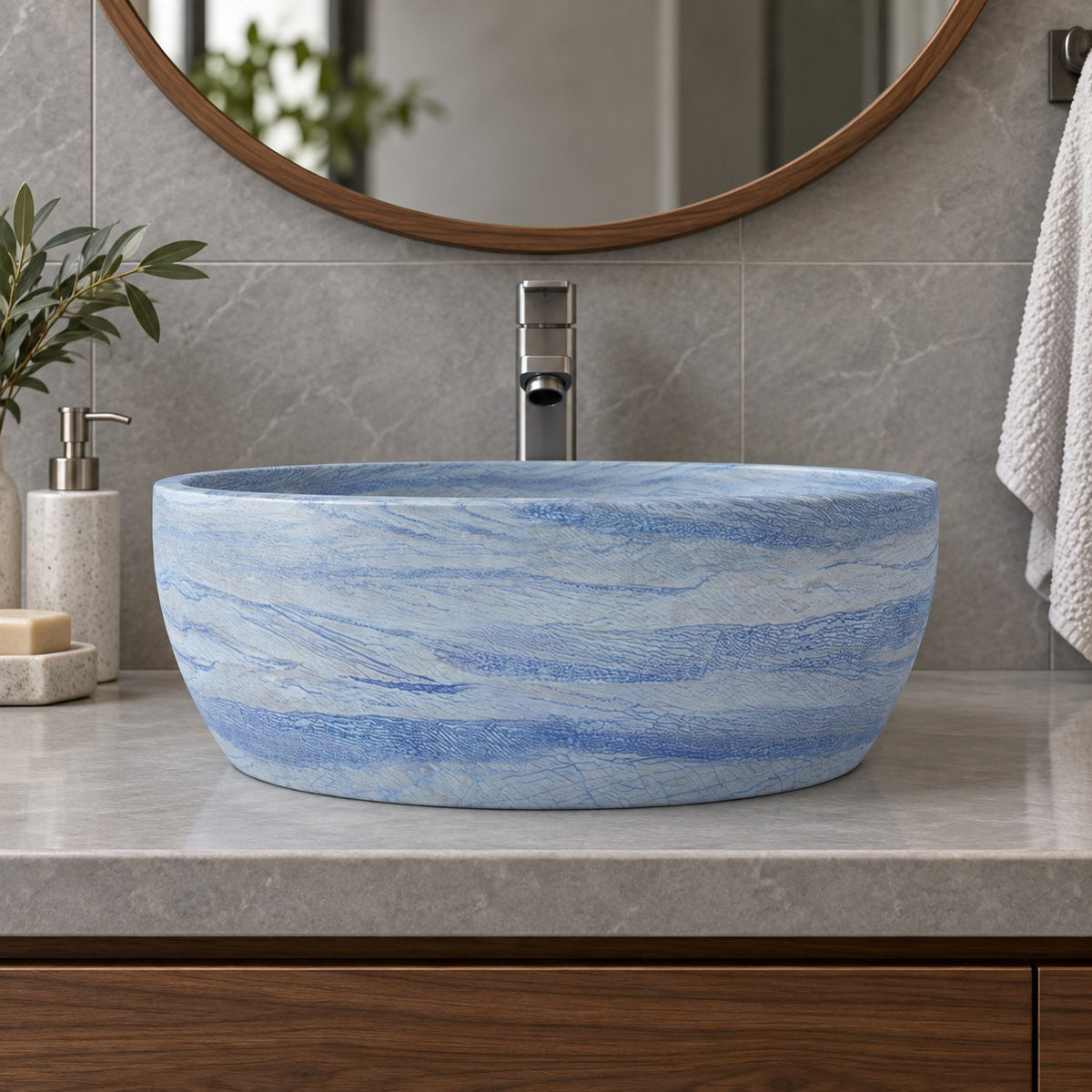 Shaia Azura Blue Quartzite Vessel Sink — low frontal bathroom lifestyle