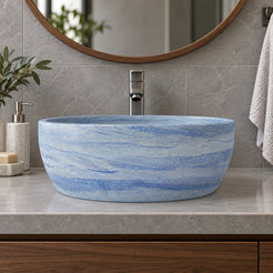 Shaia Azura Blue Quartzite Vessel Sink — low frontal bathroom lifestyle