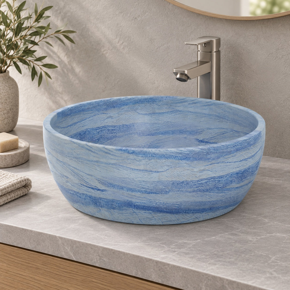Shaia Azura Blue Quartzite Vessel Sink, countertop hero lifestyle view