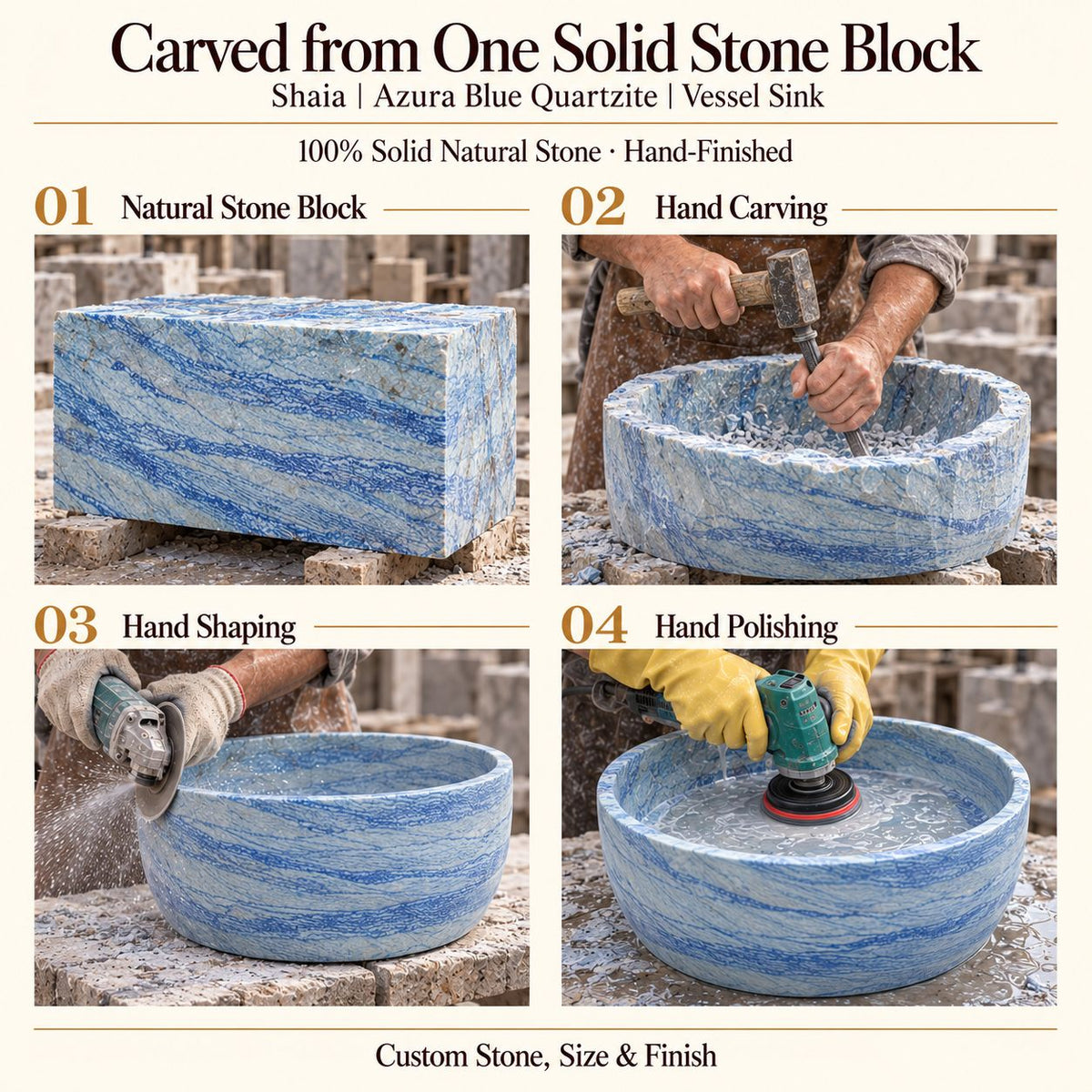 Shaia Azura Blue Quartzite Vessel Sink carved from one solid stone block, showing manual hammer-and-chisel carving, hand shaping and hand polishing; custom stone, size and finish.