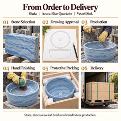 Shaia Azura Blue Quartzite Vessel Sink from order to delivery: material selection, drawing approval, production, hand finishing, protective foam packing in a plywood crate and delivery; specifications confirmed before production.