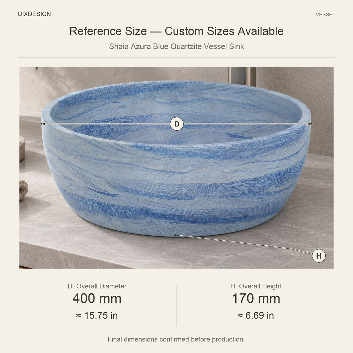 Shaia Azura Blue Quartzite Vessel Sink reference overall dimensions in millimeters and inches