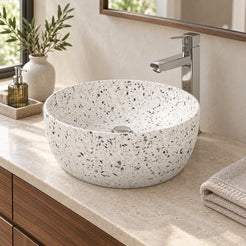 Shaia White Terrazzo Vessel Sink — three-quarter bathroom lifestyle
