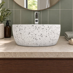 Shaia White Terrazzo Vessel Sink — low frontal bathroom lifestyle