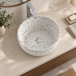 Shaia White Terrazzo Vessel Sink — overhead bathroom lifestyle