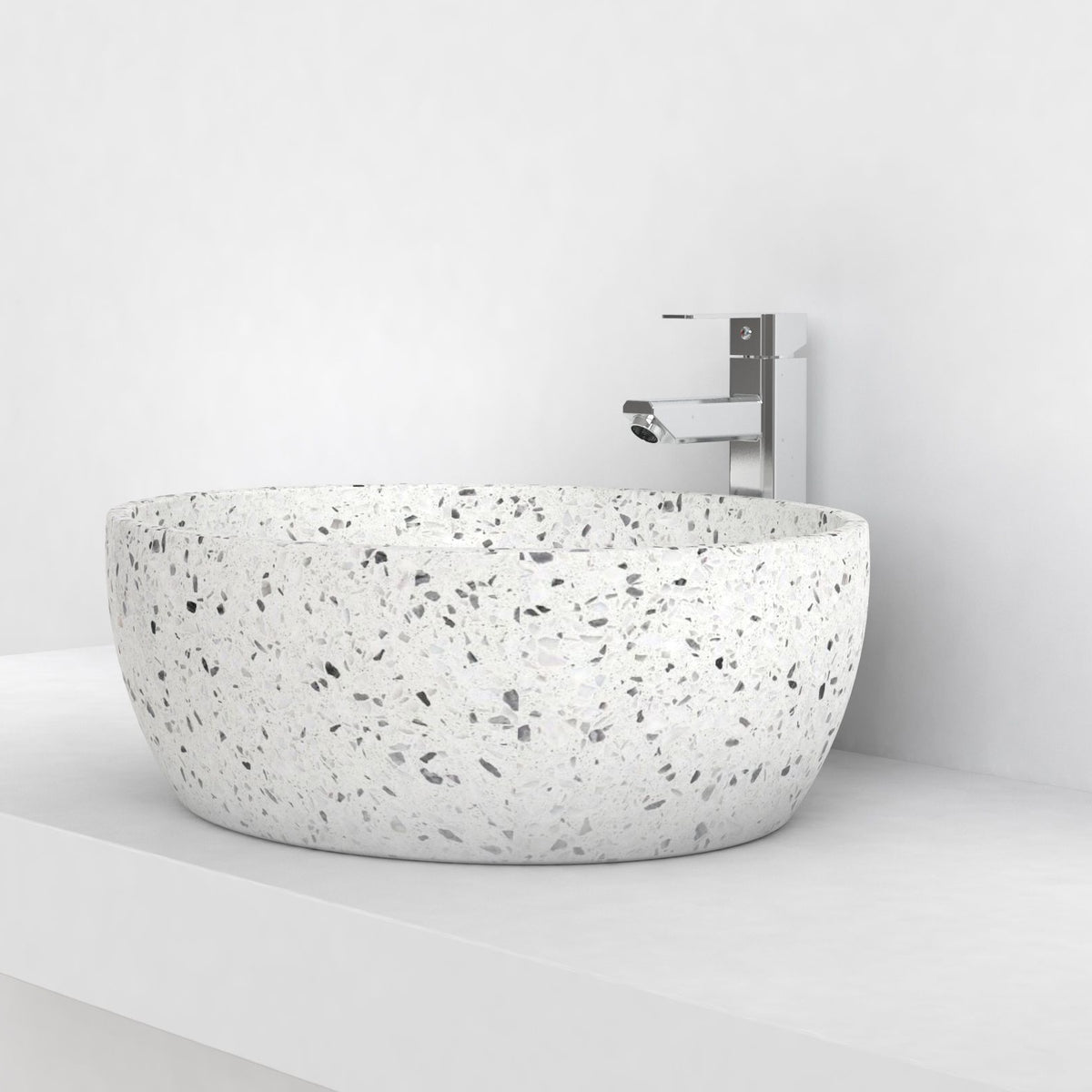 Shaia White Terrazzo Vessel Sink, countertop hero lifestyle view