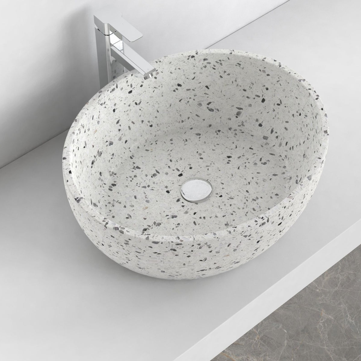 Shaia White Terrazzo Vessel Sink, second countertop view showing the rim and bowl