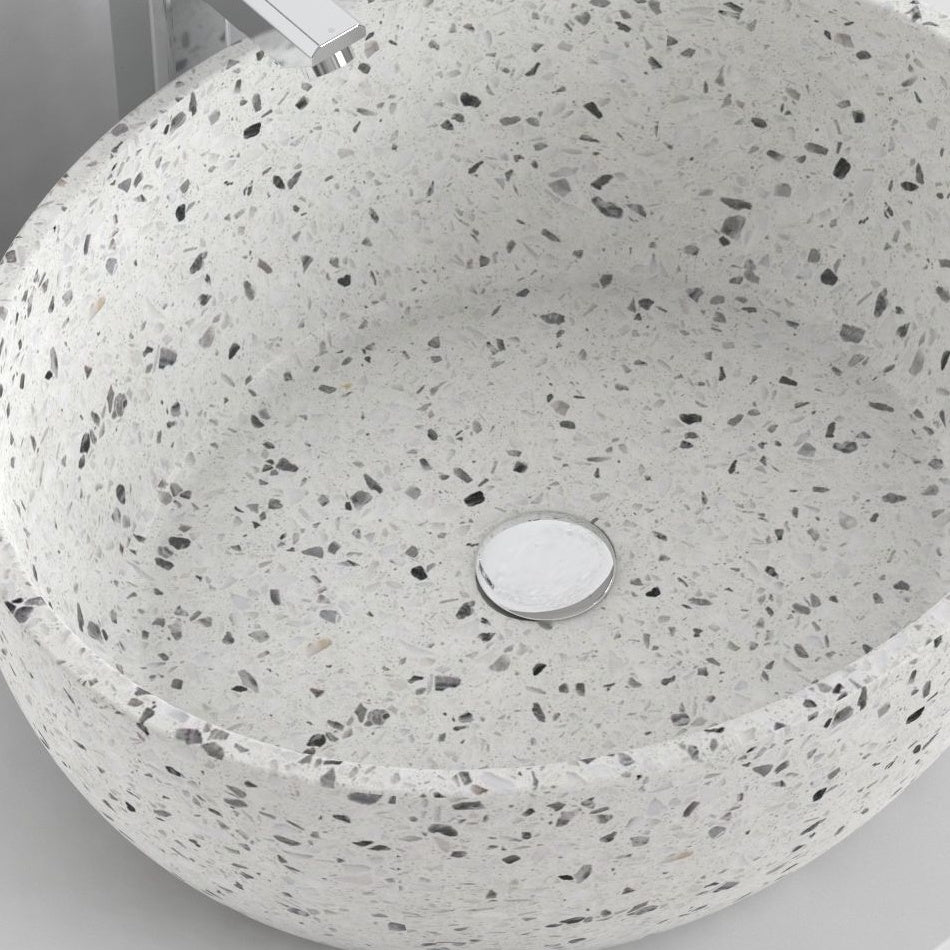 Shaia White Terrazzo Vessel Sink, interior, material and drain area detail