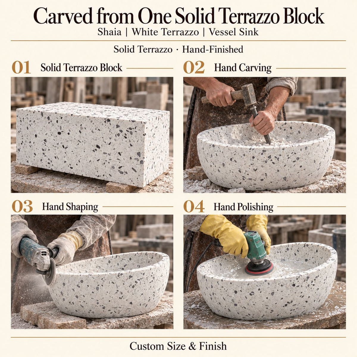 Shaia White Terrazzo Vessel Sink carved from one solid terrazzo block, with hand carving, hand shaping and hand polishing; custom size and finish.