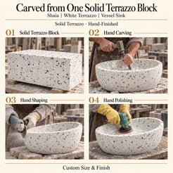 Shaia White Terrazzo Vessel Sink carved from one solid terrazzo block, with hand carving, hand shaping and hand polishing; custom size and finish.