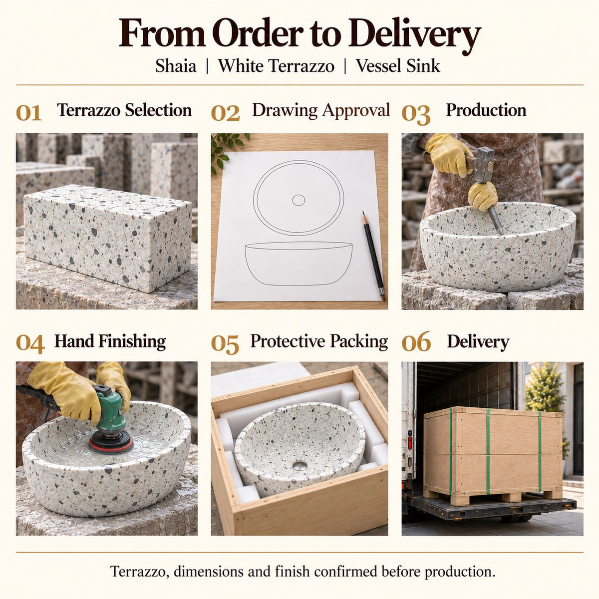 Shaia White Terrazzo Vessel Sink from order to delivery: material selection, drawing approval, production, hand finishing, protective foam packing in a plywood crate and delivery; specifications confirmed before production.