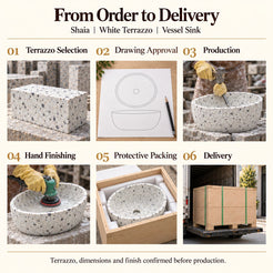 Shaia White Terrazzo Vessel Sink from order to delivery: material selection, drawing approval, production, hand finishing, protective foam packing in a plywood crate and delivery; specifications confirmed before production.