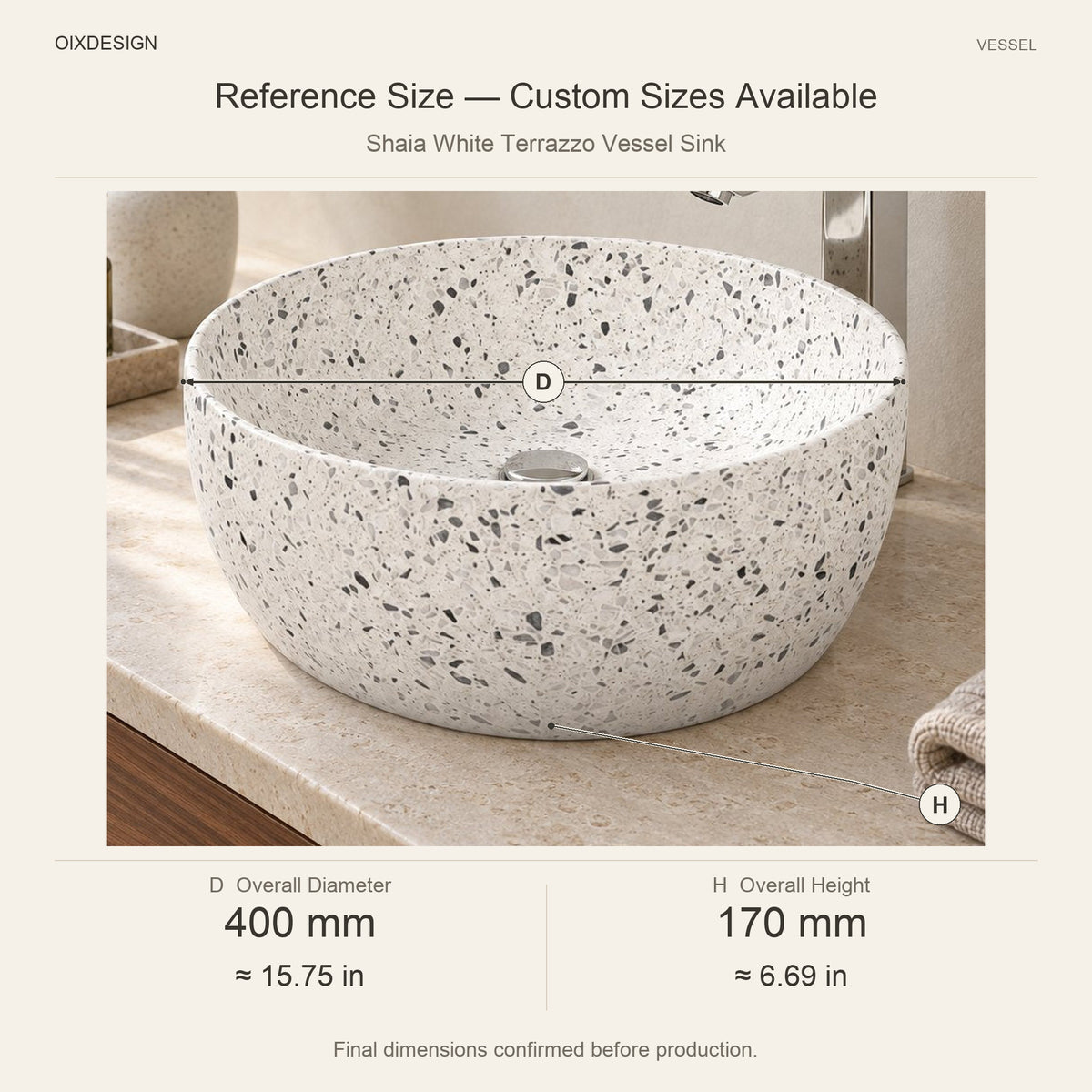 Shaia White Terrazzo Vessel Sink reference overall dimensions in millimeters and inches