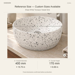 Shaia White Terrazzo Vessel Sink reference overall dimensions in millimeters and inches