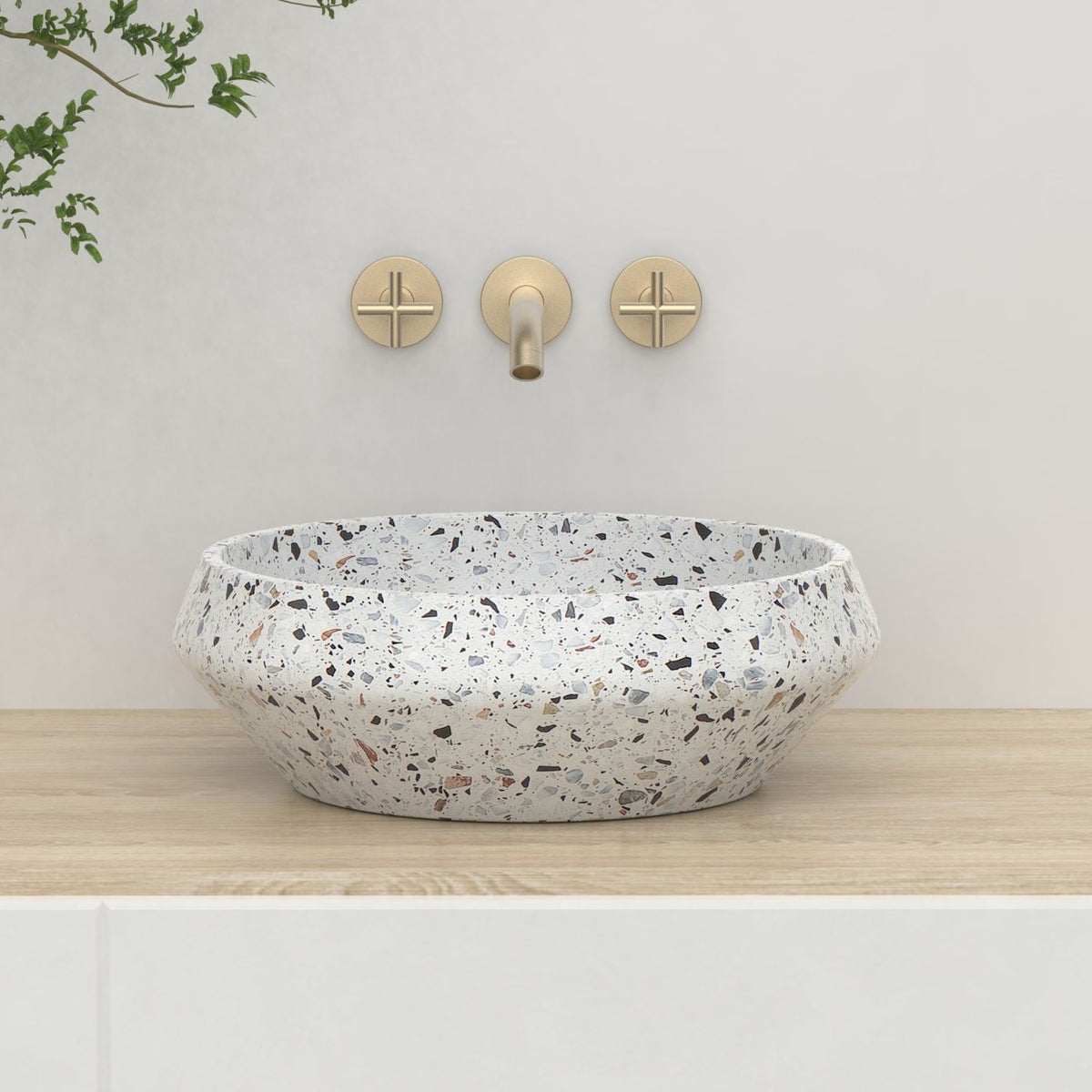 Shaiba Sky Terrazzo Vessel Sink, second countertop view of the bowl and rim