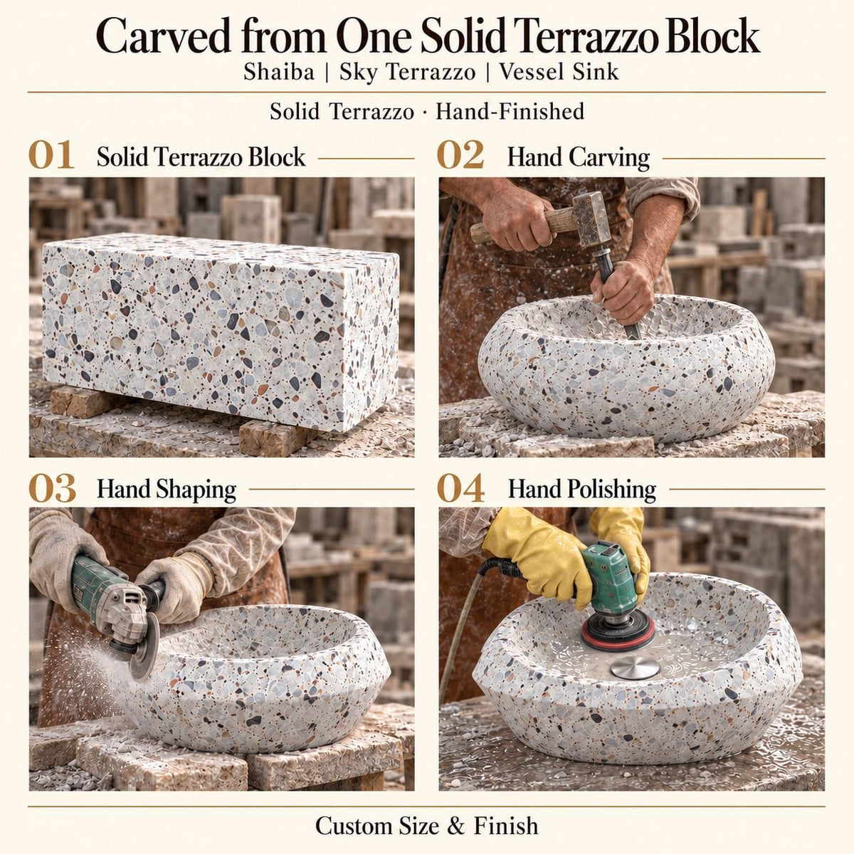 Shaiba Sky Terrazzo Vessel Sink carved from one solid terrazzo block, with hand carving, hand shaping and hand polishing; custom size and finish.