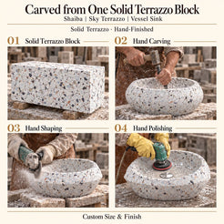Shaiba Sky Terrazzo Vessel Sink carved from one solid terrazzo block, with hand carving, hand shaping and hand polishing; custom size and finish.