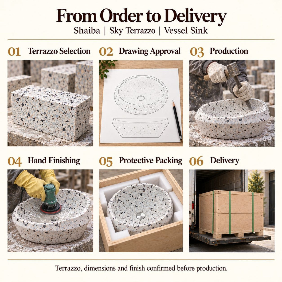 Shaiba Sky Terrazzo Vessel Sink from order to delivery: material selection, drawing approval, production, hand finishing, protective foam packing in a plywood crate and delivery; specifications confirmed before production.