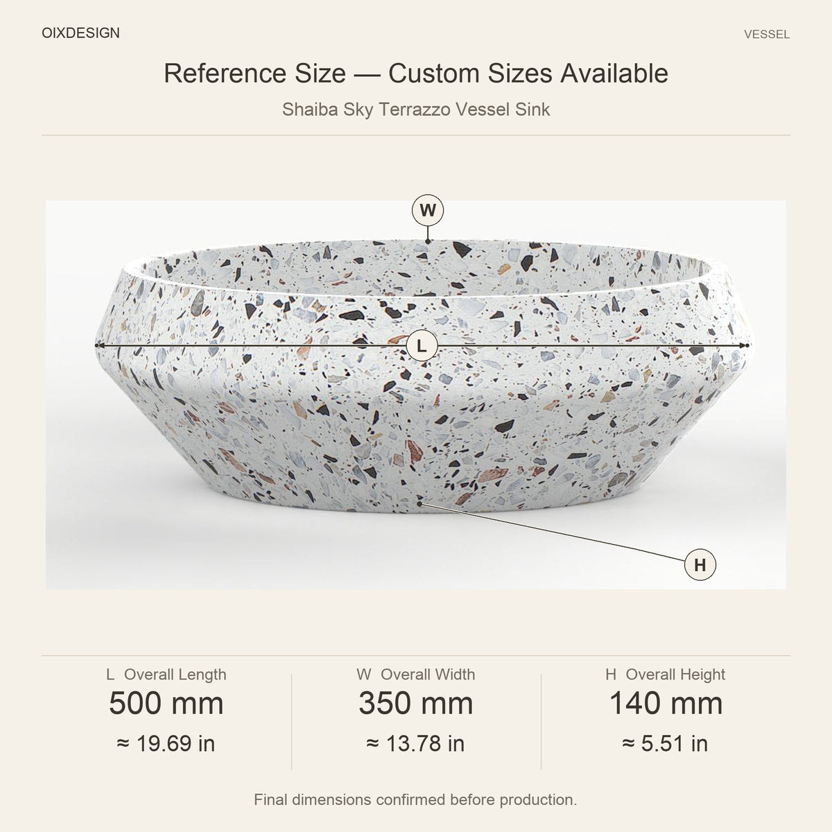 Shaiba Sky Terrazzo Vessel Sink reference overall dimensions in millimeters and inches
