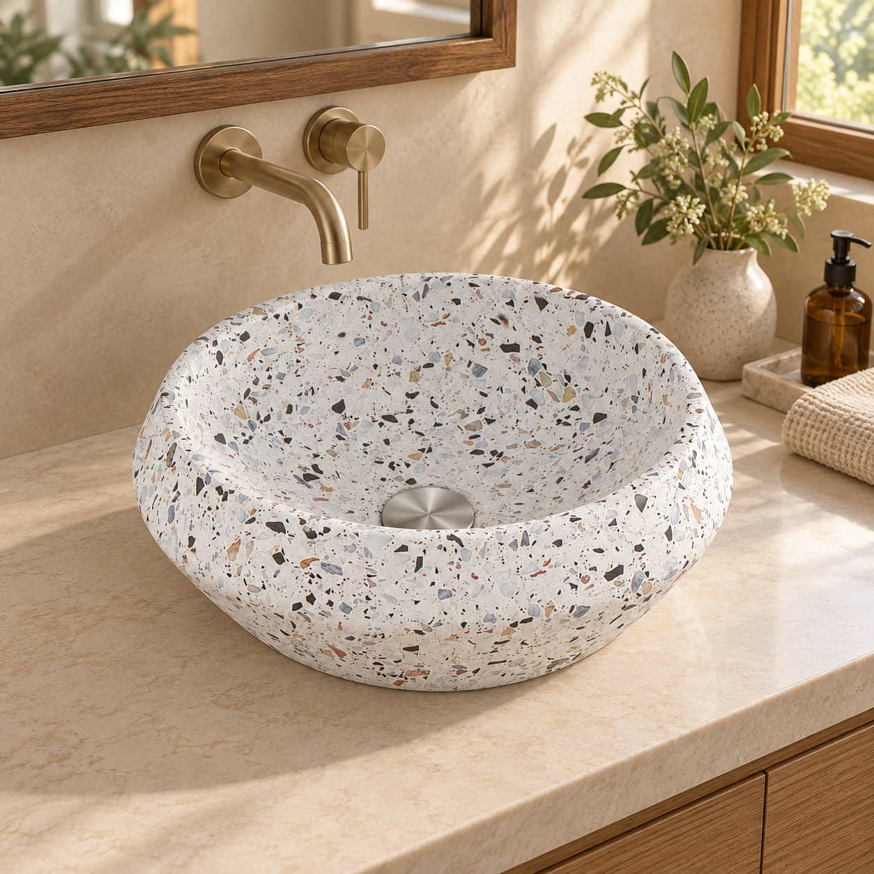 Shaiba Sky Terrazzo vessel sink in a warm ivory bathroom with oak vanity