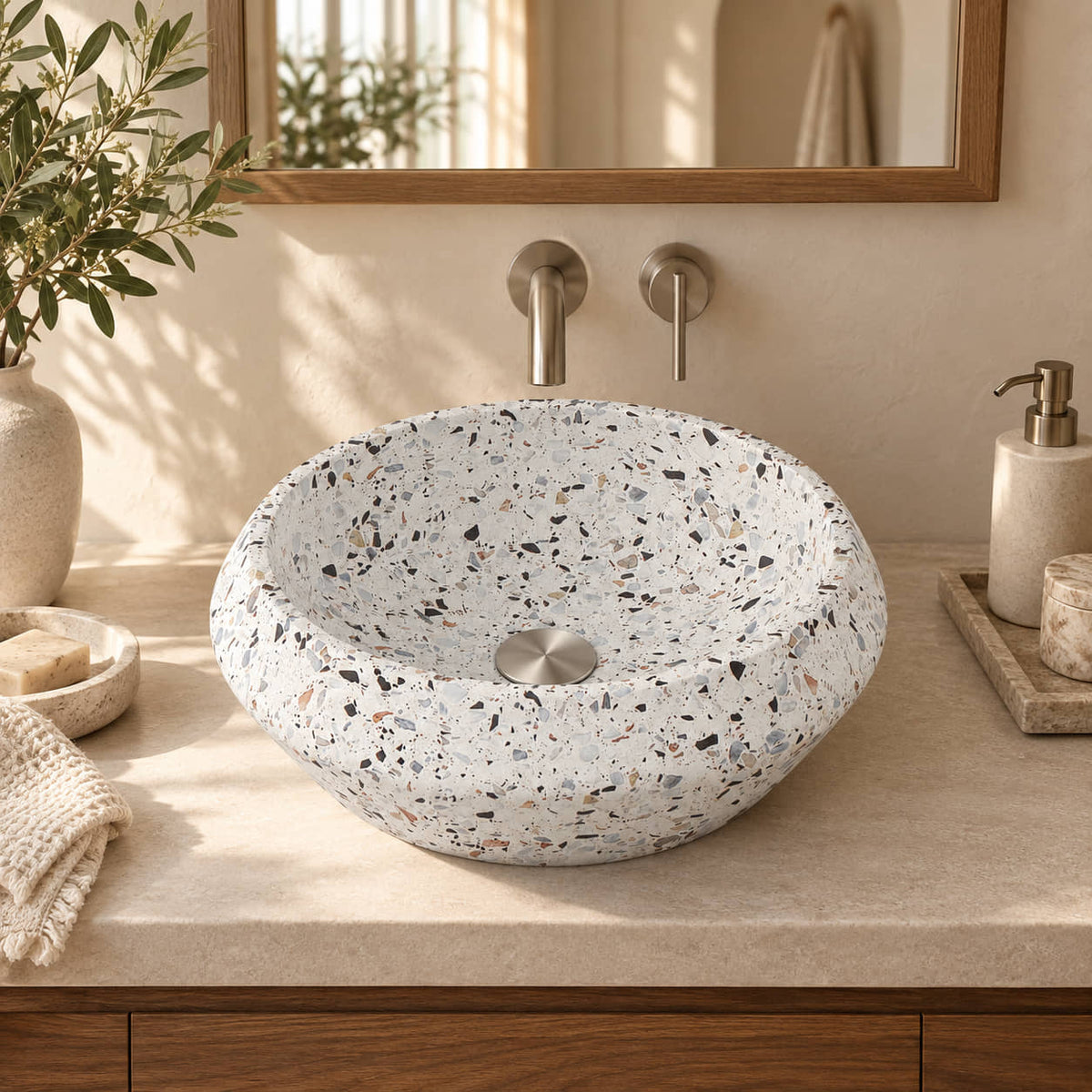 Shaiba Sky Terrazzo vessel sink from the front in a warm walnut bathroom
