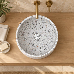 Shaila Sky Terrazzo Vessel Sink — overhead bathroom lifestyle
