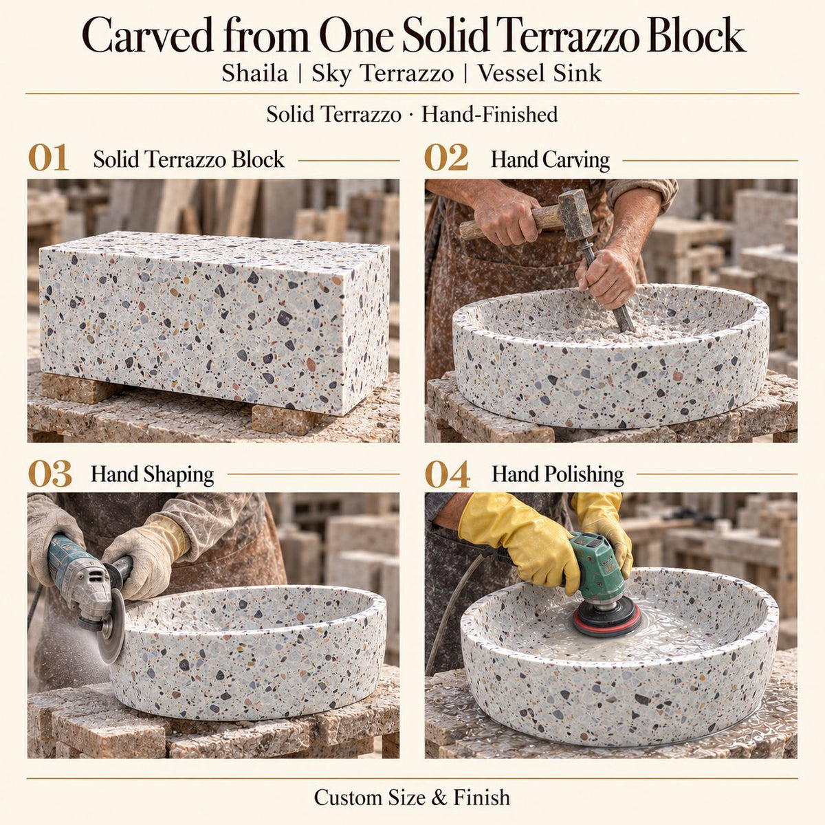 Shaila Sky Terrazzo Vessel Sink carved from one solid terrazzo block, with hand carving, hand shaping and hand polishing; custom size and finish.