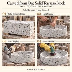 Shaila Sky Terrazzo Vessel Sink carved from one solid terrazzo block, with hand carving, hand shaping and hand polishing; custom size and finish.