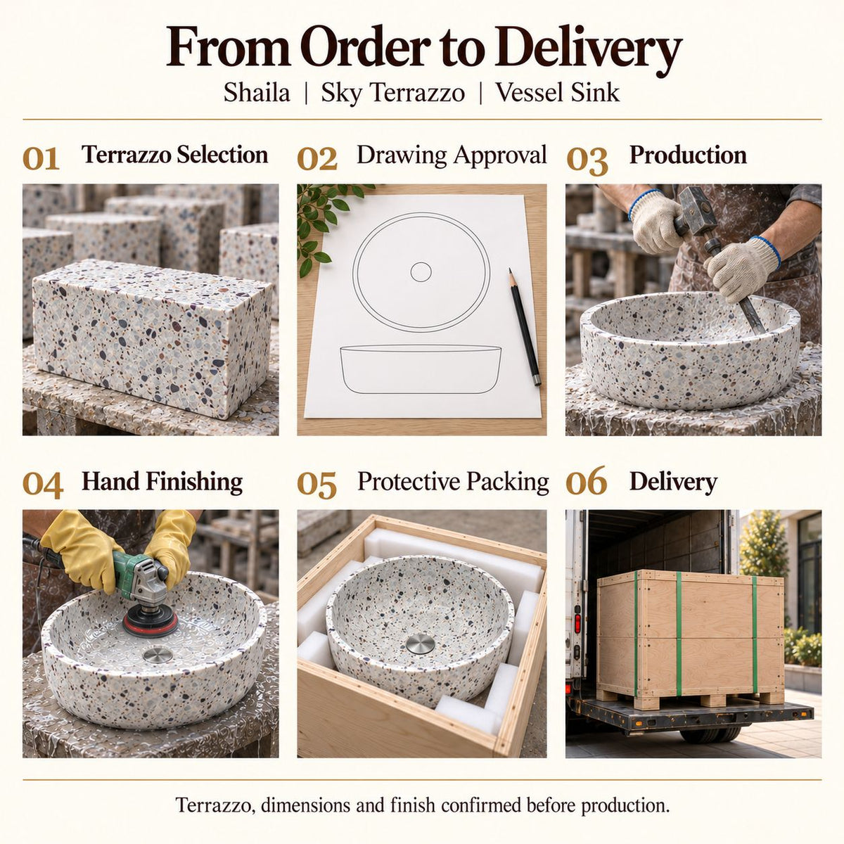 Shaila Sky Terrazzo Vessel Sink from order to delivery: material selection, drawing approval, production, hand finishing, protective foam packing in a plywood crate and delivery; specifications confirmed before production.